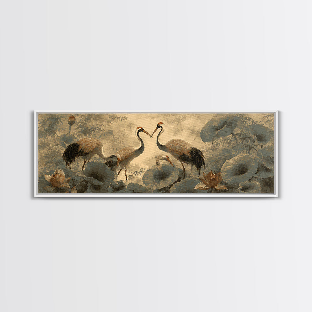 Crane and Lotus Composition Framed Canvas Print, Bird Art, Mid Century Wall Art, Living Room Decor, Fine Art, Flight, BIR-3x1-81