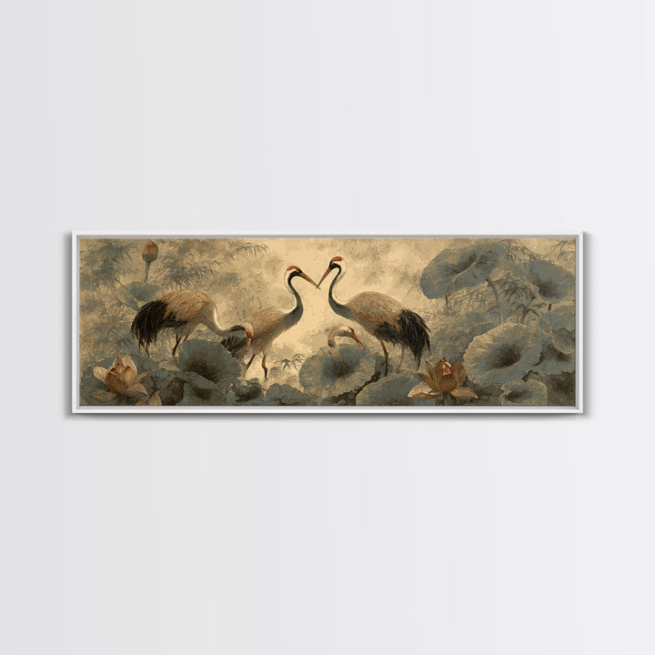 Crane and Lotus Composition Framed Canvas Print, Bird Art, Mid Century Wall Art, Living Room Decor, Fine Art, Flight, BIR-3x1-81