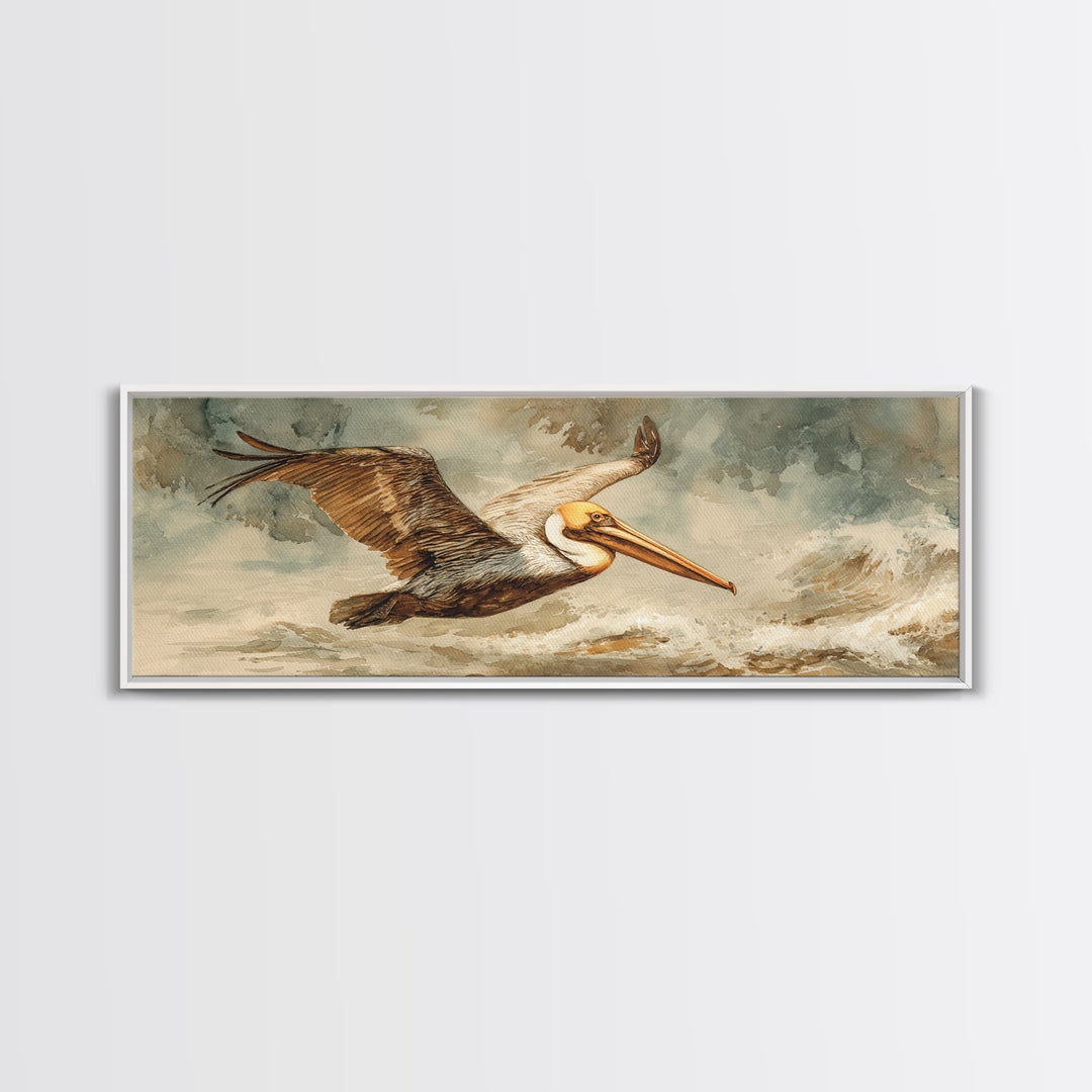 Pelican Flying over Coastal Waves Framed Canvas Print, Bird Art, Japanese Wall Art, Living Room Decor, Fine Art, Flight, BIR-3x1-82