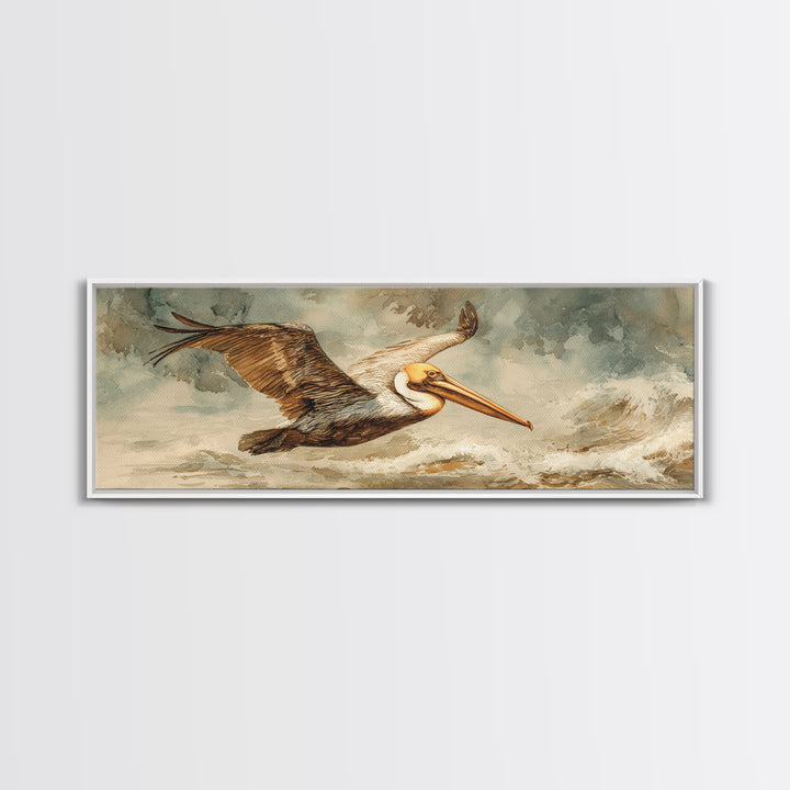 Pelican Flying over Coastal Waves Framed Canvas Print, Bird Art, Japanese Wall Art, Living Room Decor, Fine Art, Flight, BIR-3x1-82