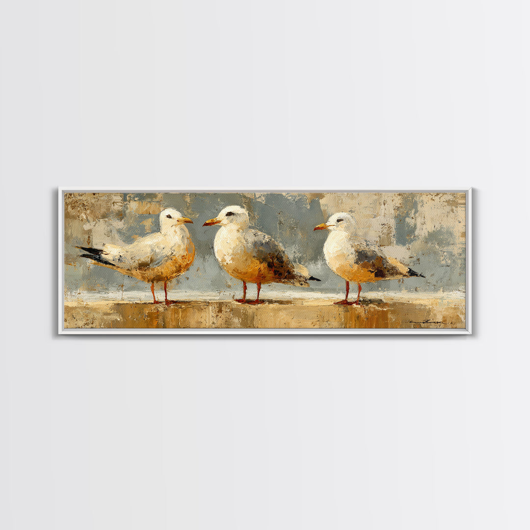 Seagulls Above a Pale Beach Horizon Framed Canvas Print, Bird Art, Digital Prints, Living Room Decor, Fine Art, Flight, BIR-3x1-84