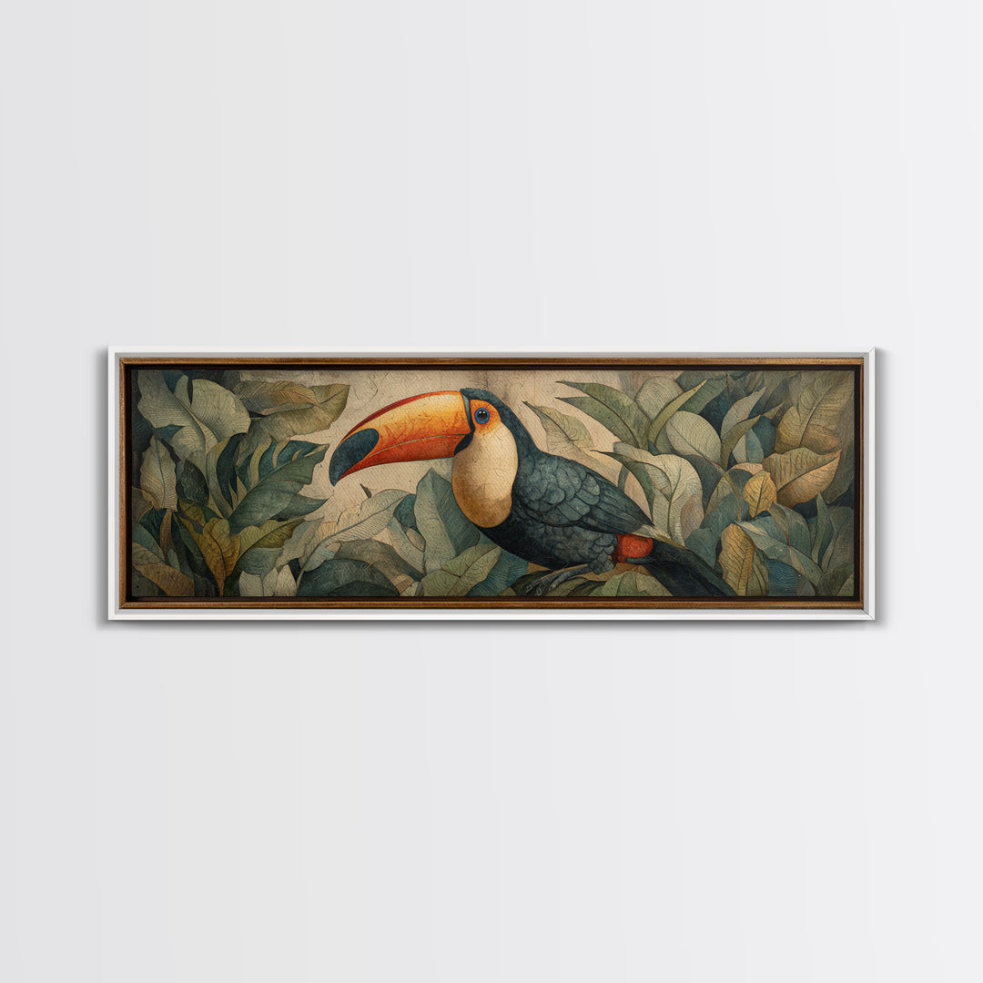 Toucan Framed by Bold Jungle Foliage Framed Canvas Print, Bird Art, Original Art, Living Room Decor, Fine Art, Flight, BIR-3x1-87