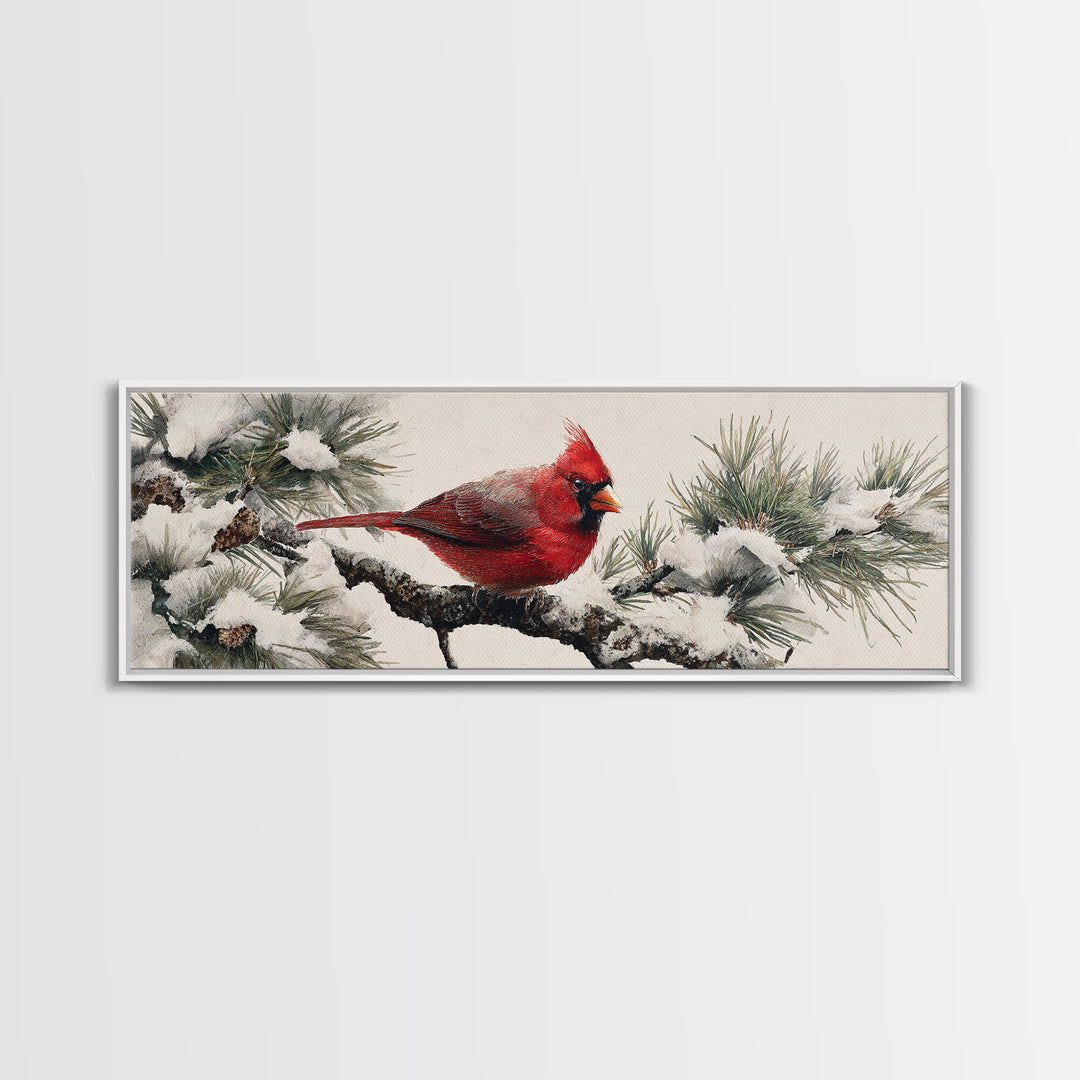 Red Cardinal on Snowy Pine Branch Framed Canvas Print, Bird Art, Floral Art, Living Room Decor, Fine Art, Flight, BIR-3x1-89