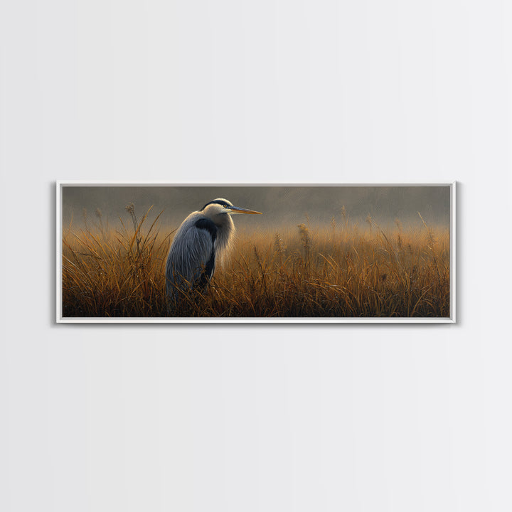 Blue Heron in Misty Marsh Grass Framed Canvas Print, Bird Art, Bird Prints, Living Room Decor, Fine Art, Flight, Modern Decor, BIR-3x1-90