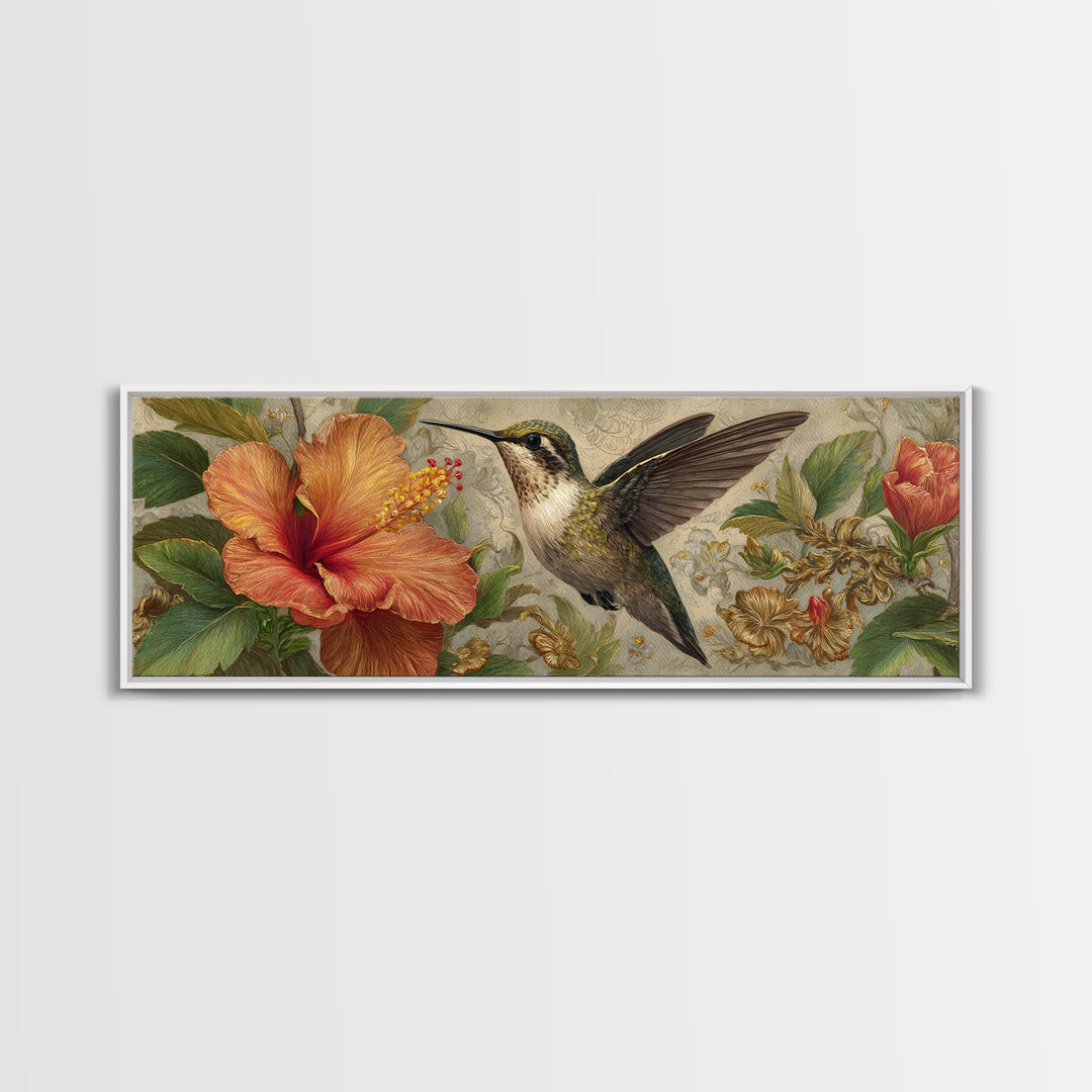 Hummingbird Hovering Beside Bright Hibiscus Canvas Print, Bird Art, Mid Century Modern, Living Room Decor, Oil Painting, Flight, BIR-3x1-92