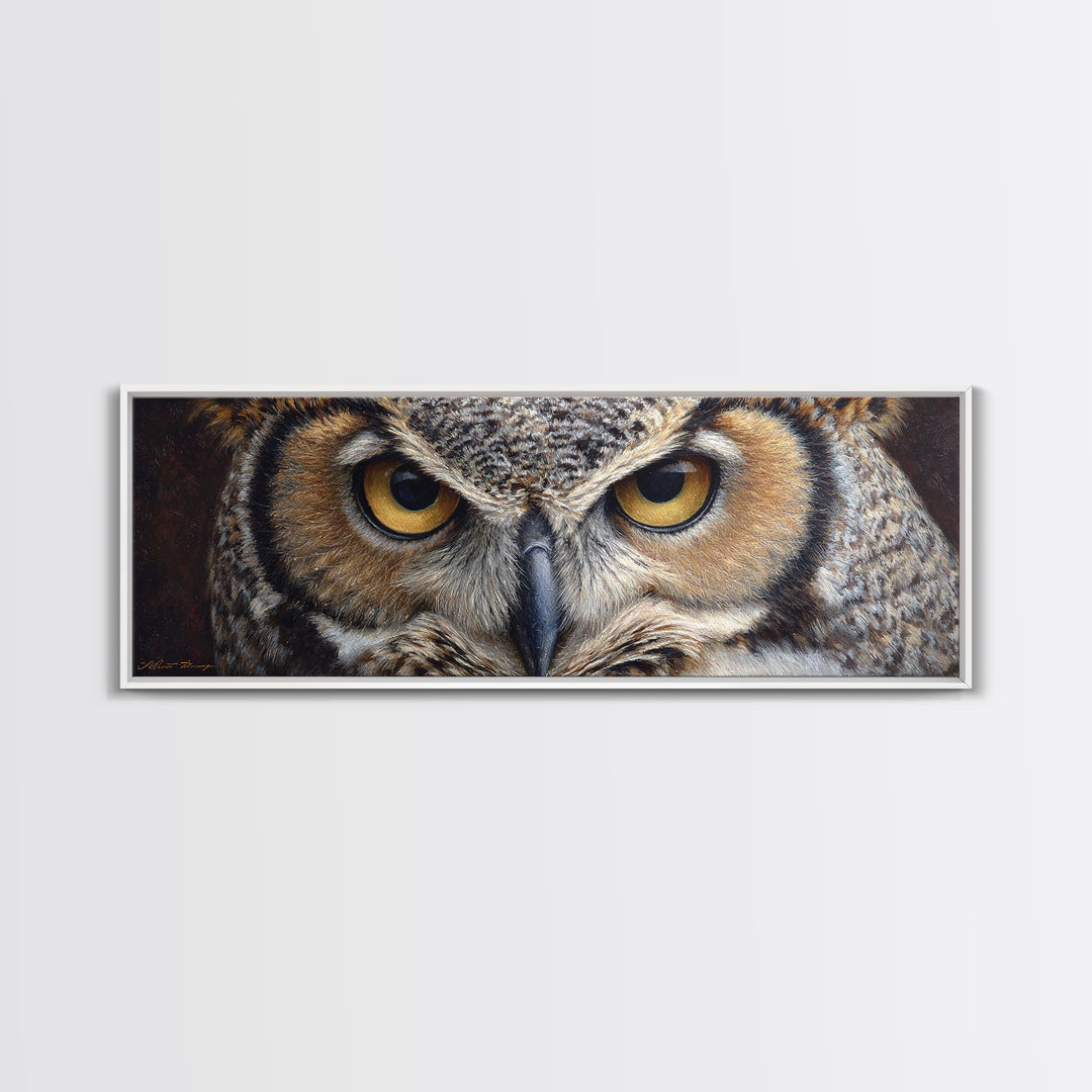Owl Portrait with Wise Golden Eyes Canvas Print, Bird Art, Forest Wall Art, Living Room Decor, Flight, Minimalist Decor, BIR-3x1-93