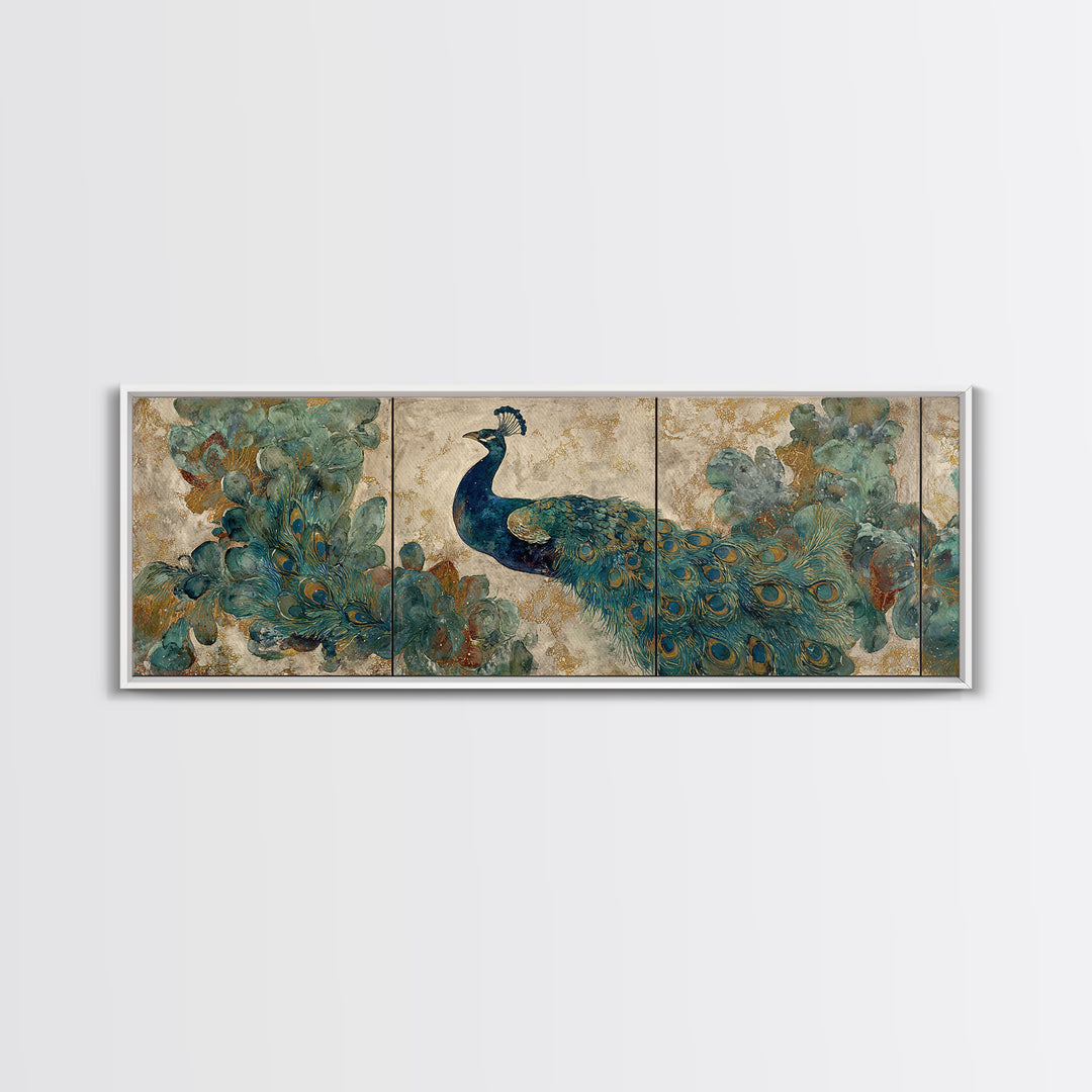 Peacock with Jewel Tone Feather Pattern Canvas Print, Bird Art, Textured Painting, Living Room Decor, Oil Painting, Flight, BIR-3x1-95