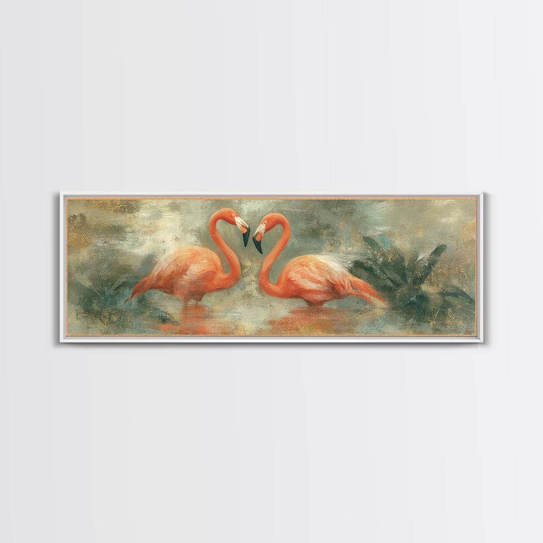 Flamingo Pair in Coral Water Reflections Canvas Print, Bird Art, Digital Download Art, Living Room Decor, Fine Art, Flight, BIR-3x1-98