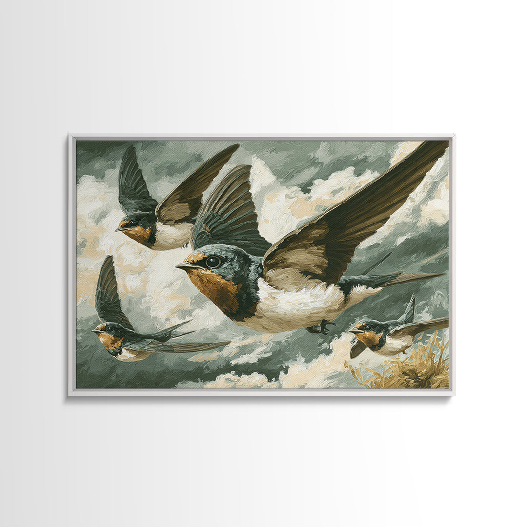 Flock of Swallows Sweeping Across Open Sky Framed Canvas Print, Bird Art, Watercolor Painting, Living Room Decor, Flight, BIR-3x2-10