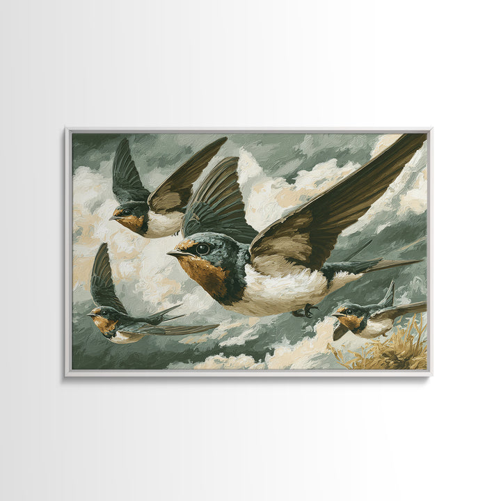 Flock of Swallows Sweeping Across Open Sky Framed Canvas Print, Bird Art, Watercolor Painting, Living Room Decor, Flight, BIR-3x2-10