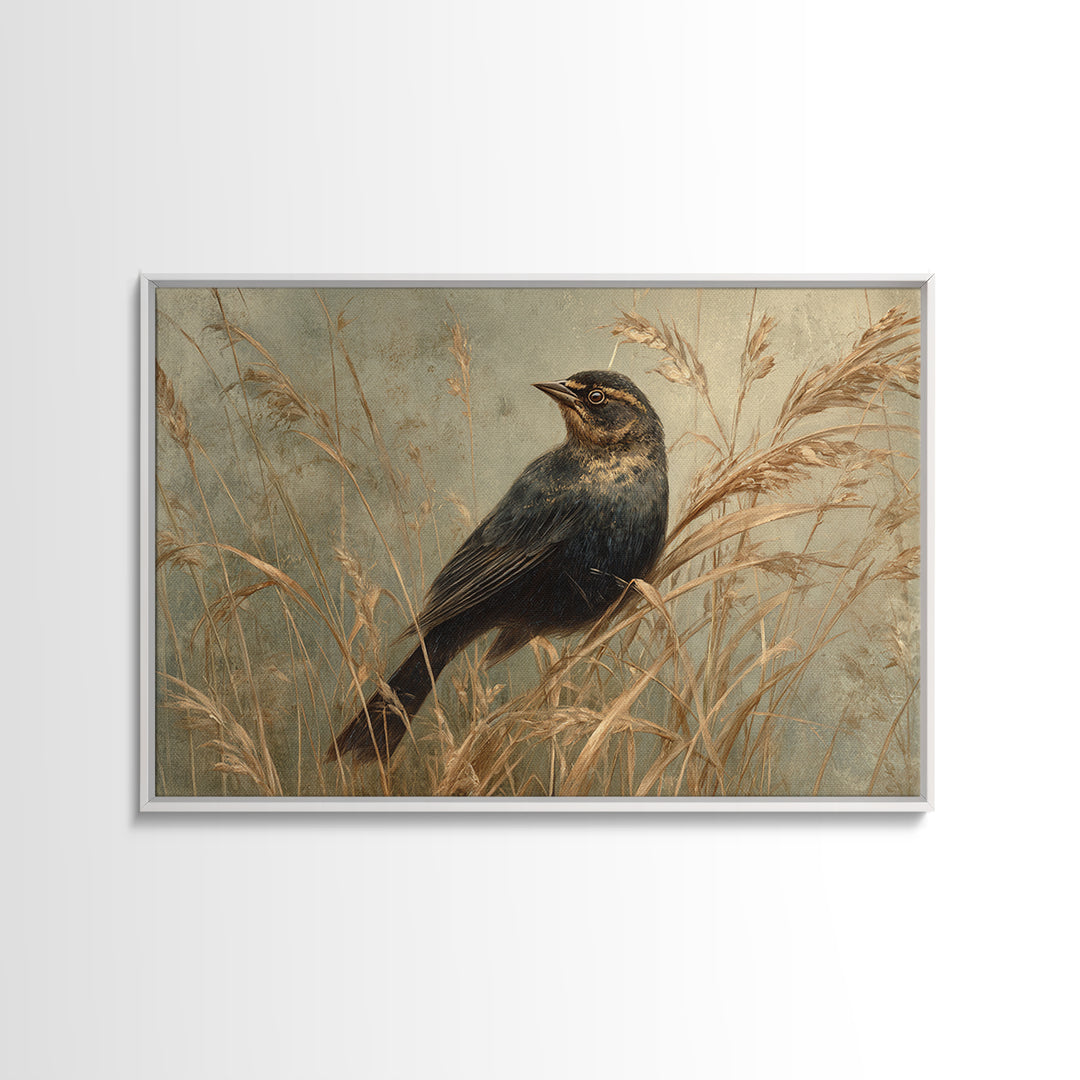 Blackbird on Gold Wheat Field Framed Canvas Print, Bird Art, Fine Art Print, Living Room Decor, Oil Painting, Flight, BIR-3x2-100