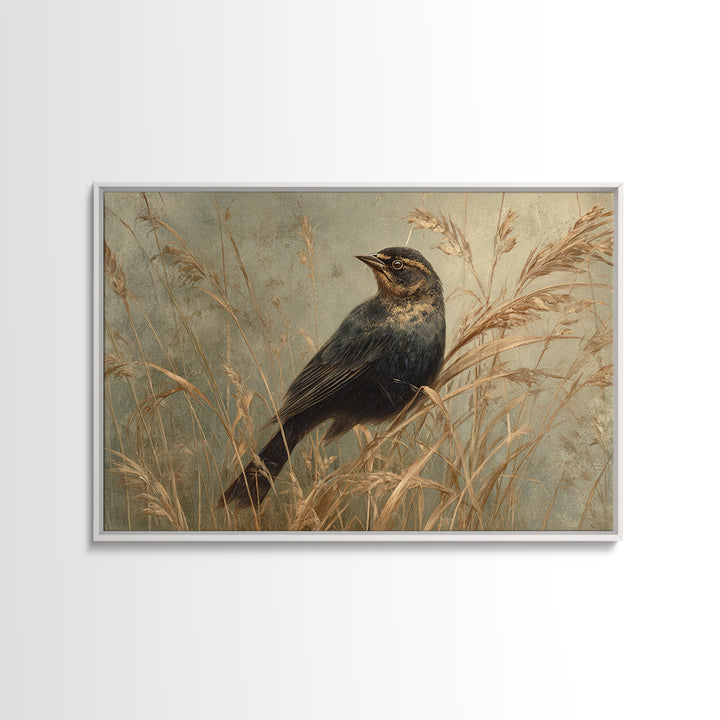 Blackbird on Gold Wheat Field Framed Canvas Print, Bird Art, Fine Art Print, Living Room Decor, Oil Painting, Flight, BIR-3x2-100