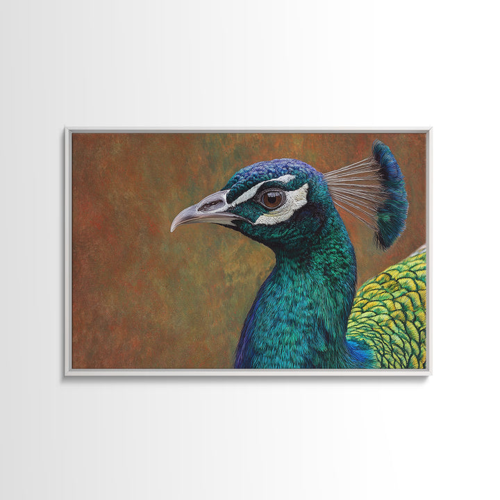 Peacock with Jewel Tone Feather Pattern Canvas Print, Bird Art, Mid Century Wall Art, Living Room Decor, Fine Art, Flight, BIR-3x2-11