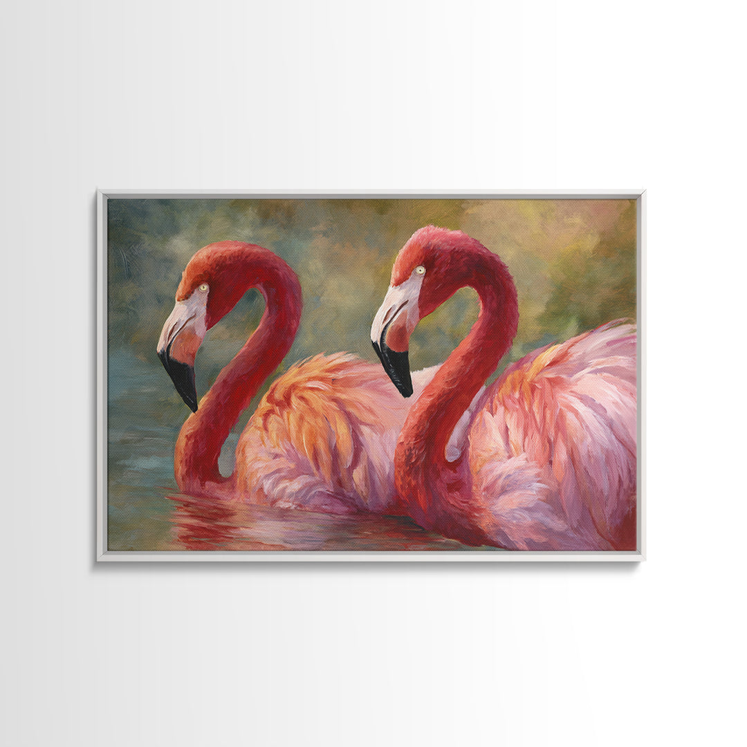 Flamingo Pair in Coral Water Reflections Framed Canvas Print, Bird Art, Original Art, Living Room Decor, Fine Art, Flight, BIR-3x2-14