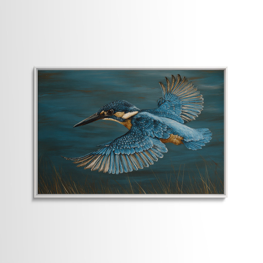 Kingfisher Diving Toward Blue Water Framed Canvas Print, Bird Art, Printable Art, Living Room Decor, Fine Art, Flight, BIR-3x2-15