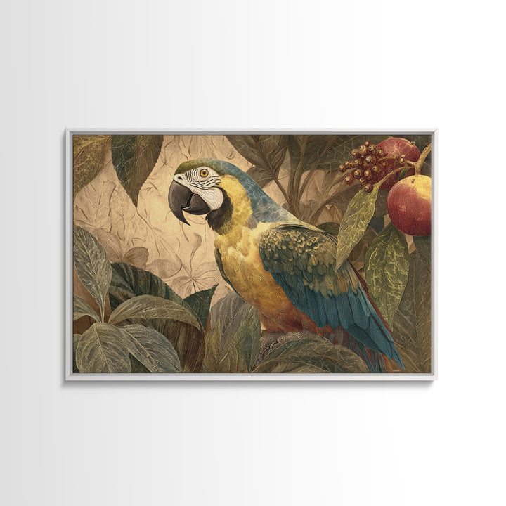 Parrot Among Tropical Leaves and Fruit Canvas Print, Bird Art, Modern Art, Living Room Decor, Fine Art, Flight, Floral Art, BIR-3x2-17