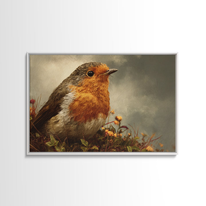 Robin in a Spring Garden with Soft Framed Canvas Print, Bird Art, Nature Prints, Living Room Decor, Fine Art, Flight, BIR-3x2-19