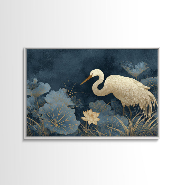 Crane and Lotus Composition Canvas Print, Bird Art, Botanical Wall Art, Living Room Decor, Fine Art, Flight, Forest Wall Art, BIR-3x2-21