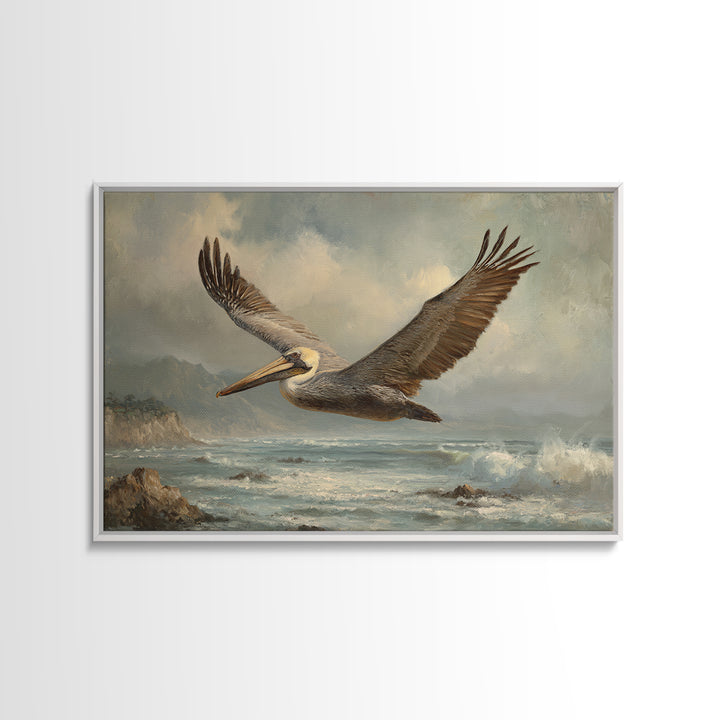 Pelican Flying over Coastal Waves Canvas Print, Bird Art, Printable Art, Living Room Decor, Oil Painting, Flight, BIR-3x2-22