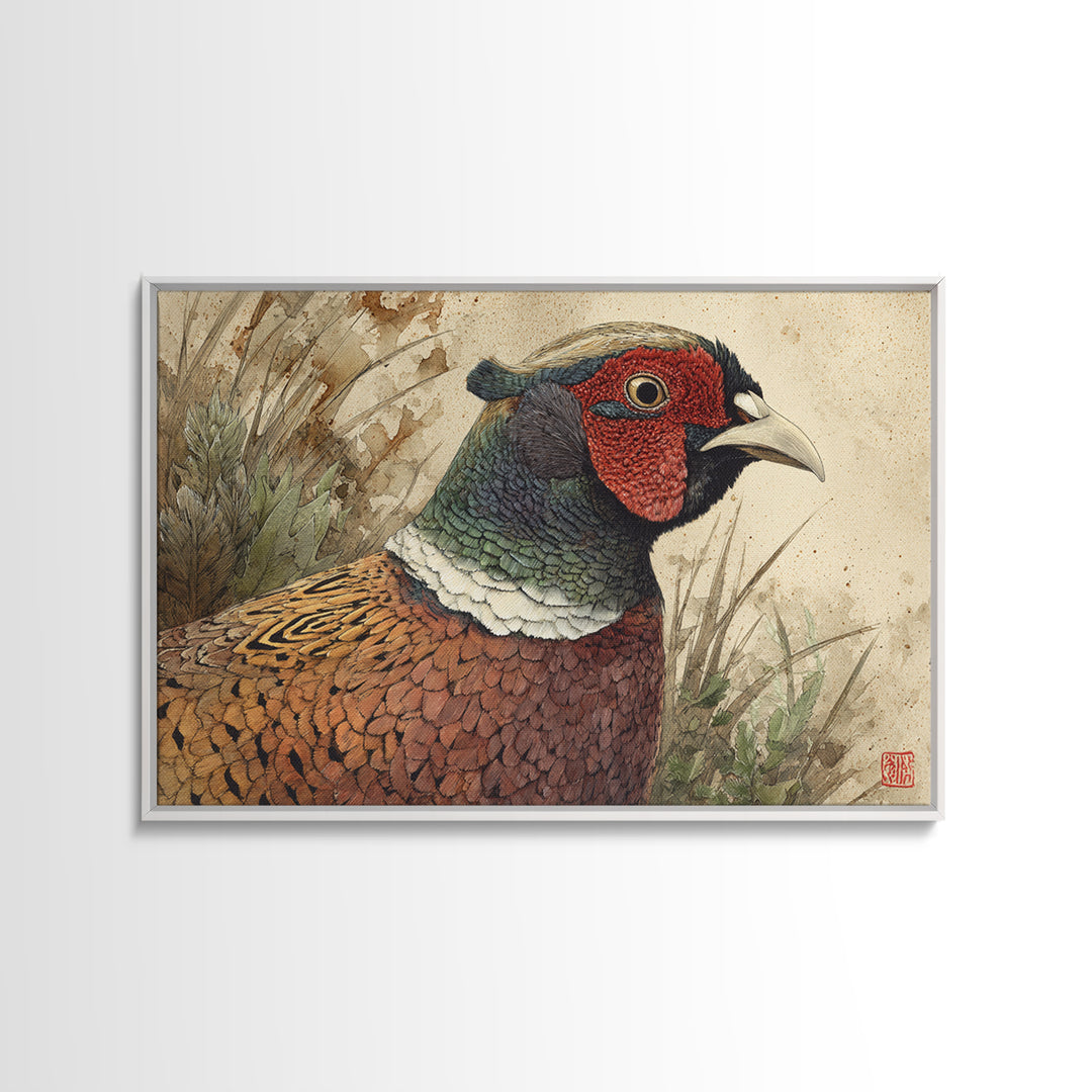 Pheasant with Ornate Feather Details Framed Canvas Print, Bird Art, Modern Art, Living Room Decor, Fine Art, Flight, Floral Art, BIR-3x2-23