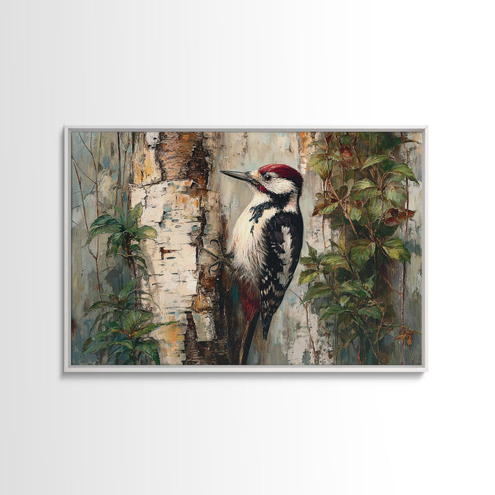 Woodpecker on Birch Bark Texture Framed Canvas Print, Bird Art, Gallery Wall, Living Room Decor, Abstract Art, Flight, BIR-3x2-25
