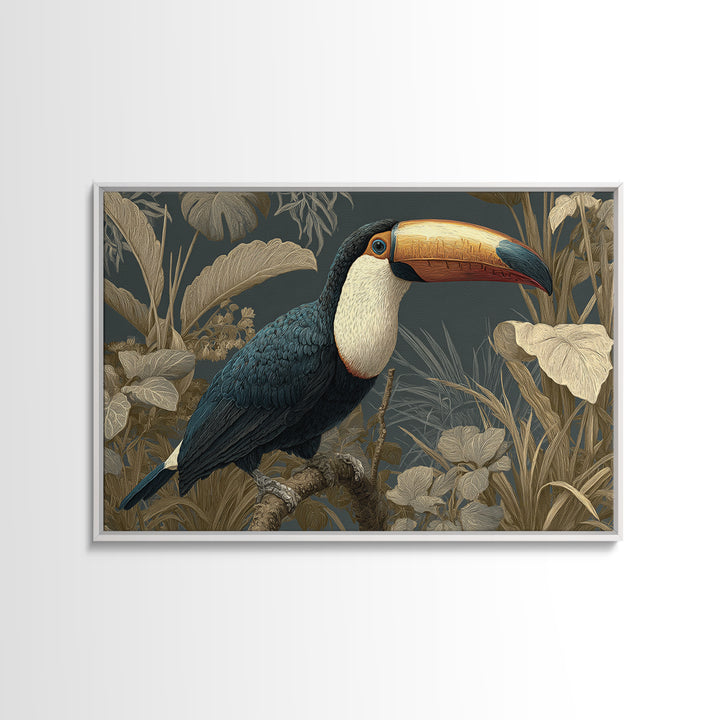 Toucan Framed by Bold Jungle Foliage Framed Canvas Print, Bird Art, Mcm Decor, Living Room Decor, Flight, Neutral Decor, BIR-3x2-27
