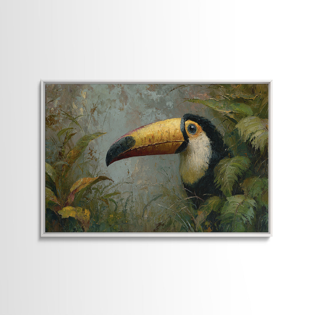 Toucan Framed by Bold Jungle Foliage Canvas Print, Bird Art, Modern Wall Art, Living Room Decor, Flight, Bird Wall Art, BIR-3x2-3
