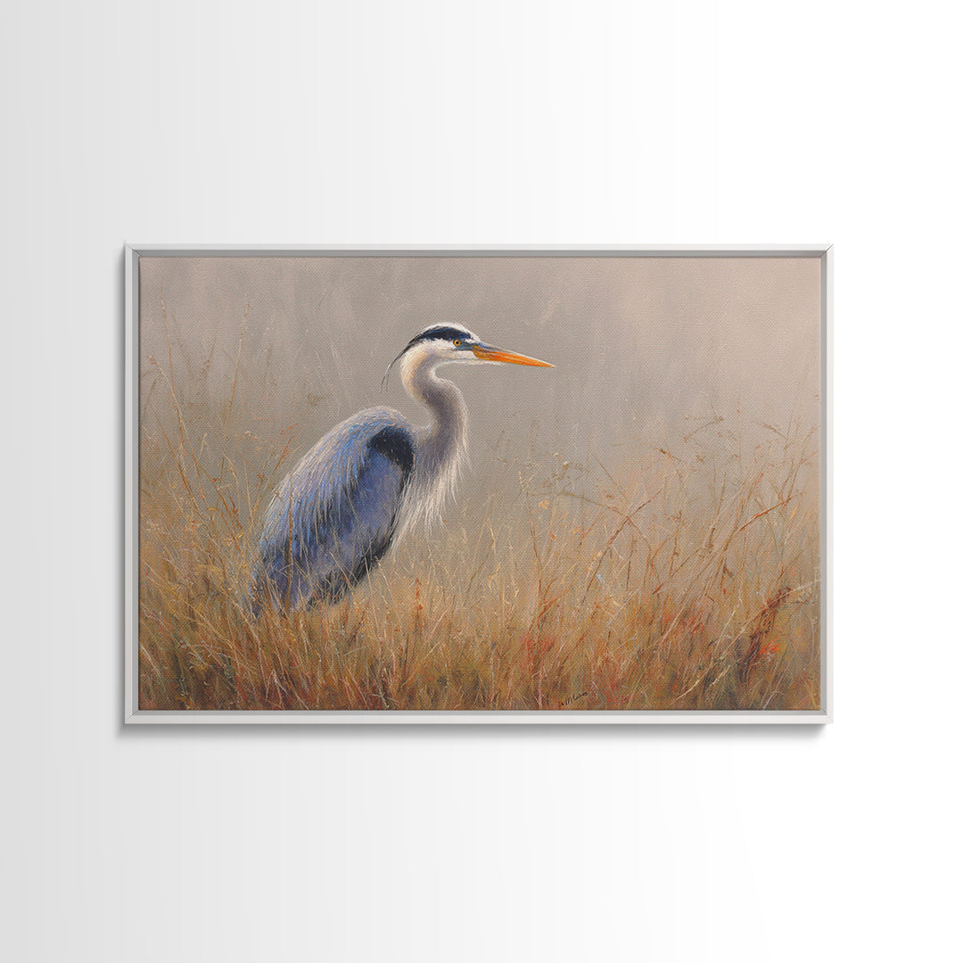 Blue Heron in Misty Marsh Grass Canvas Print, Bird Art, Modern Art, Living Room Decor, Flight, Floral Art, Forest Wall Art, BIR-3x2-30