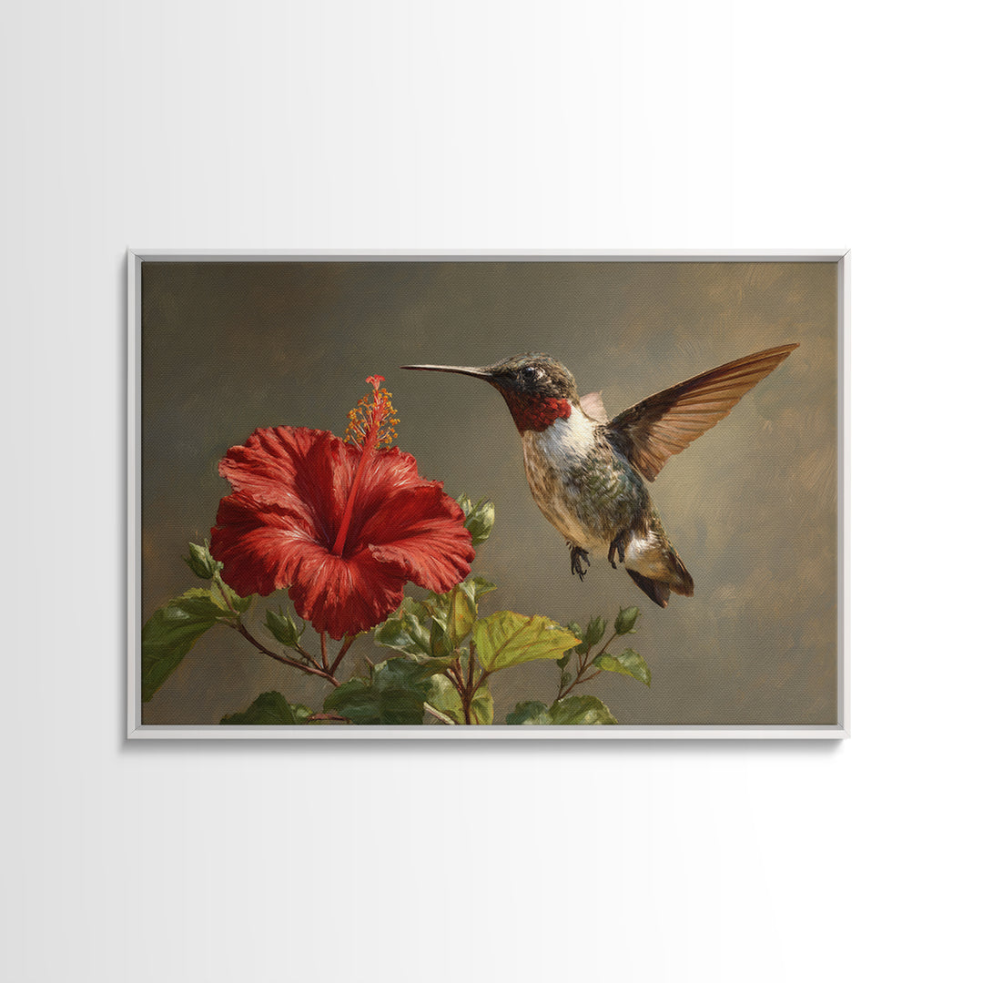 Hummingbird Hovering Beside Bright Hibiscus Canvas Print, Bird Art, Botanical Wall Art, Living Room Decor, Fine Art, Flight, BIR-3x2-32