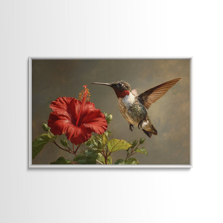 Hummingbird Hovering Beside Bright Hibiscus Canvas Print, Bird Art, Botanical Wall Art, Living Room Decor, Fine Art, Flight, BIR-3x2-32