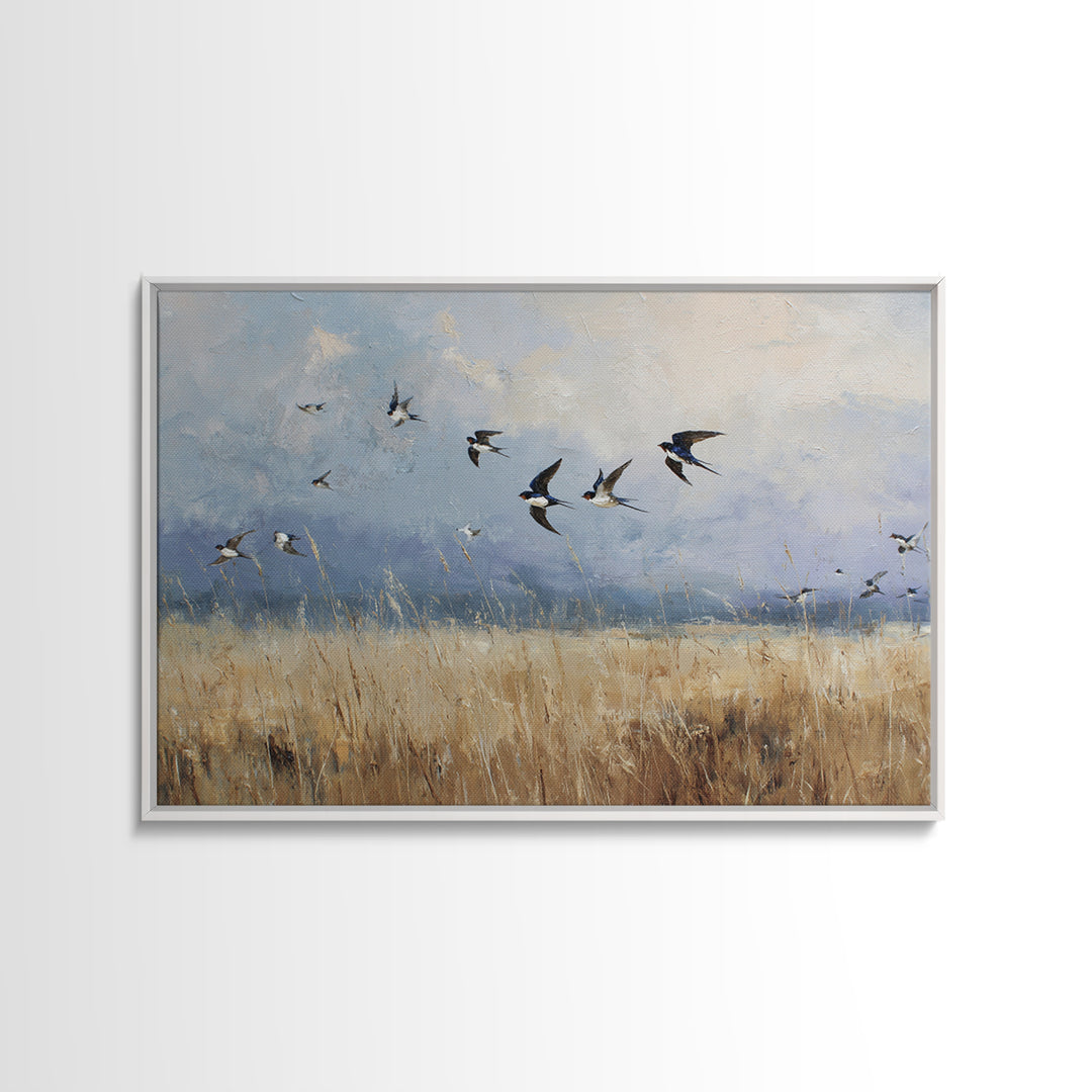 Flock of Swallows Sweeping Across Open Sky Canvas Print, Bird Art, Botanical Wall Art, Living Room Decor, Watercolor Art, BIR-3x2-34