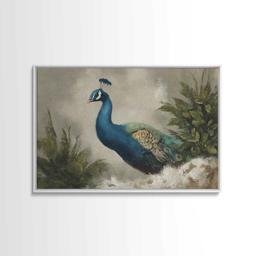 Peacock with Jewel Tone Feather Pattern Framed Canvas Print, Bird Art, Nature Wall Art, Living Room Decor, Fine Art, Flight, BIR-3x2-35