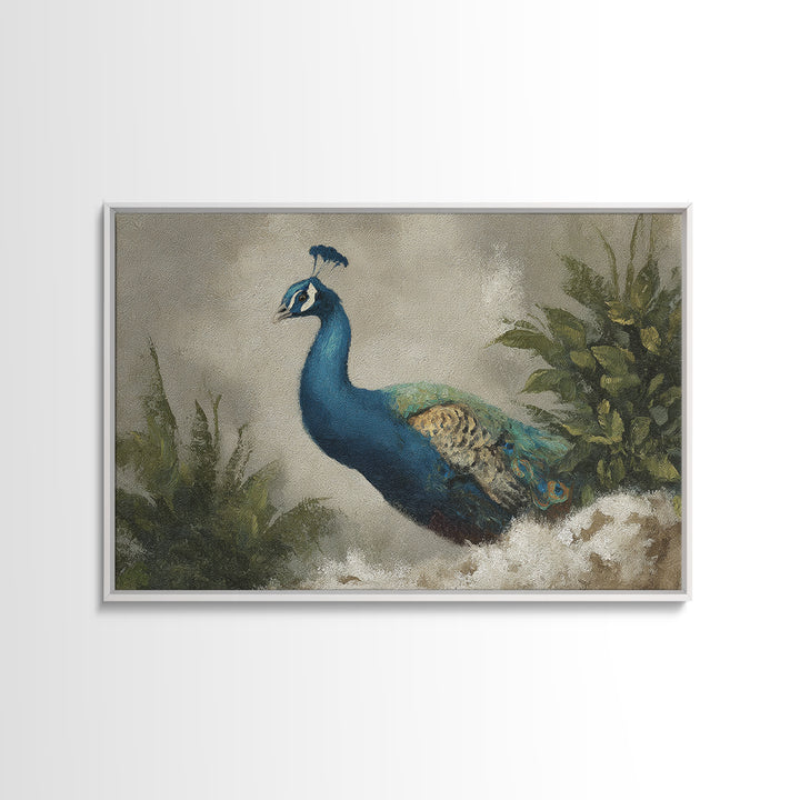 Peacock with Jewel Tone Feather Pattern Framed Canvas Print, Bird Art, Nature Wall Art, Living Room Decor, Fine Art, Flight, BIR-3x2-35