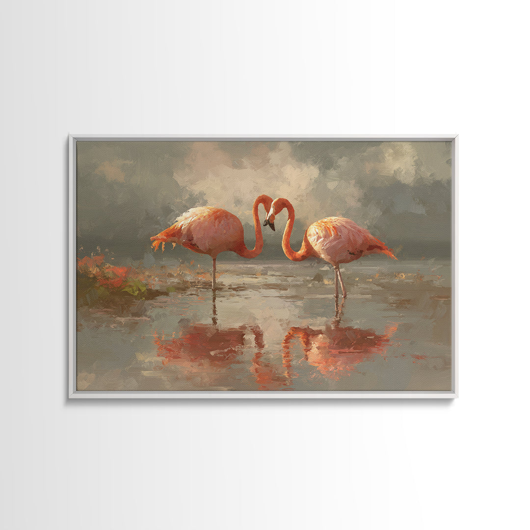 Flamingo Pair in Coral Water Reflections Canvas Print, Bird Art, Japanese Wall Art, Living Room Decor, Fine Art, Flight, BIR-3x2-38
