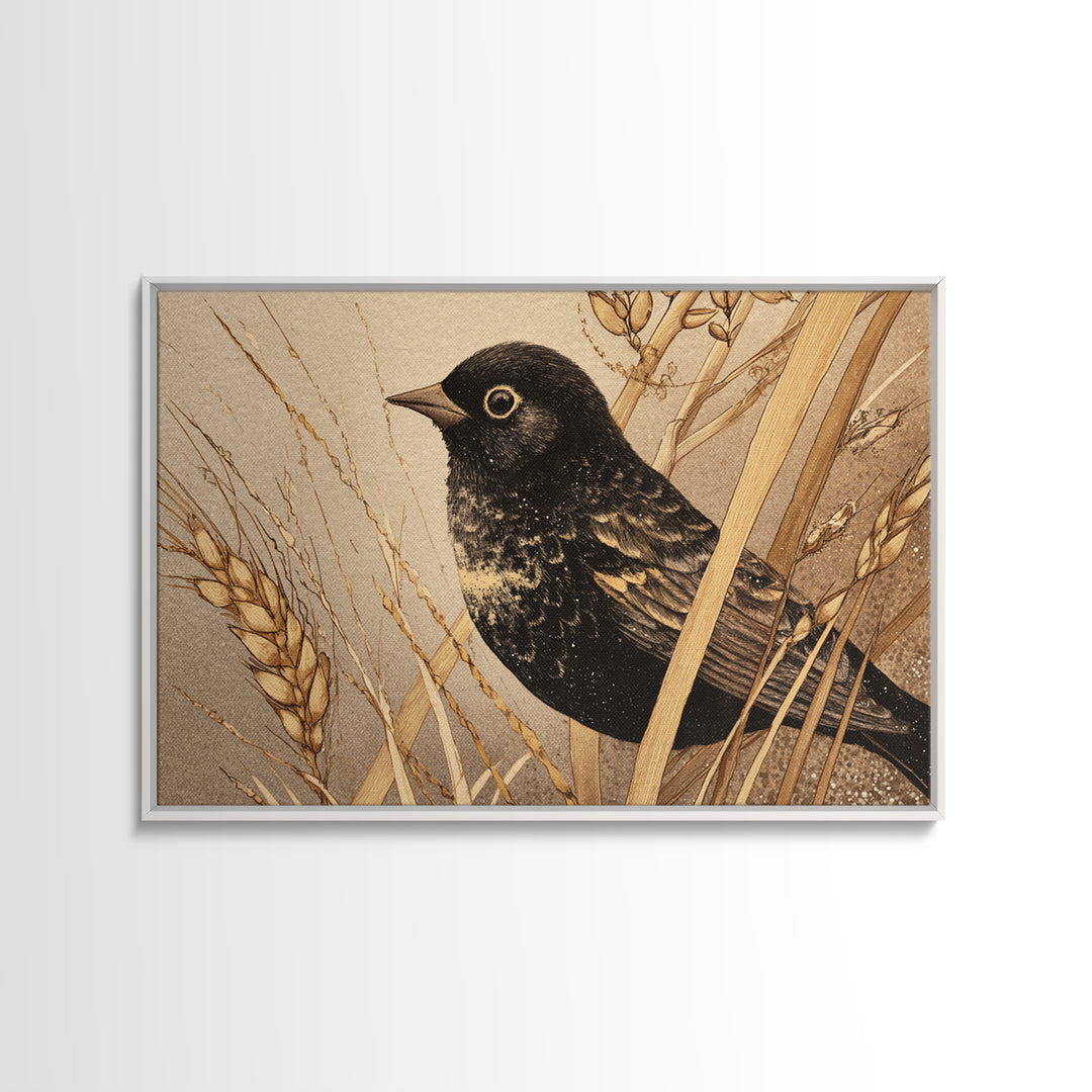 Blackbird on Gold Wheat Field Canvas Print, Bird Art, Mid Century Modern, Living Room Decor, Oil Painting, Flight, BIR-3x2-4