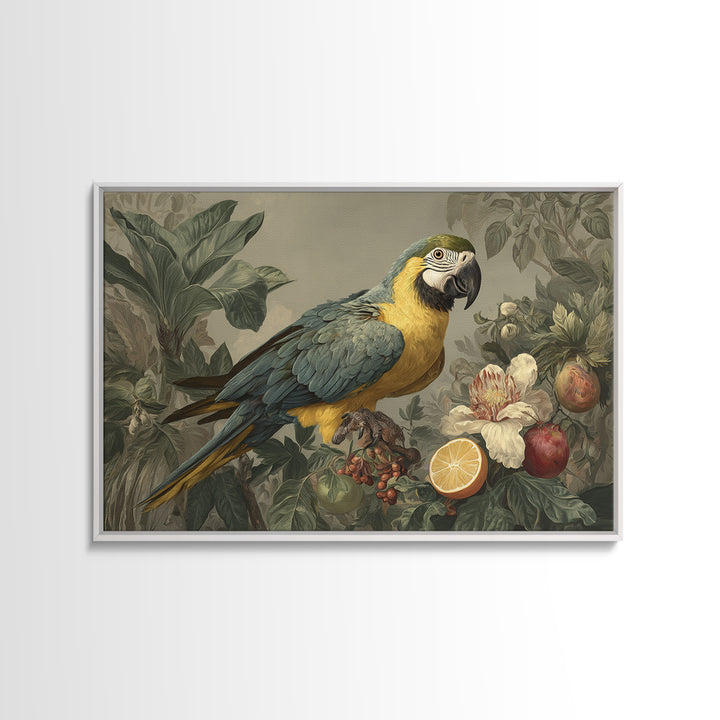 Parrot Among Tropical Leaves and Fruit Framed Canvas Print, Bird Art, Digital Download Art, Living Room Decor, Watercolor Art, BIR-3x2-41