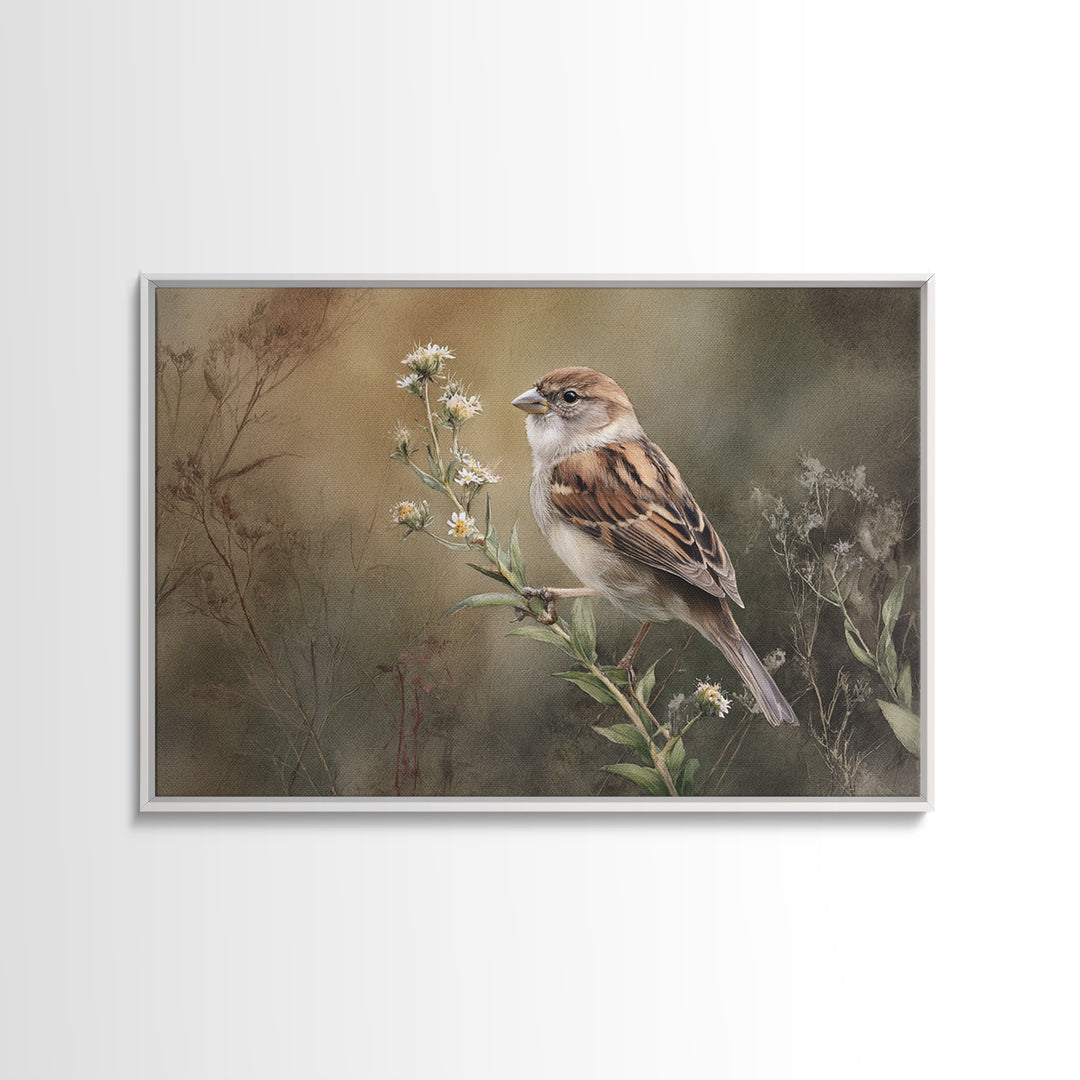 Small Sparrow on Wildflower Stem Canvas Print, Bird Art, Modern Wall Art, Living Room Decor, Watercolor Art, Flight, BIR-3x2-42