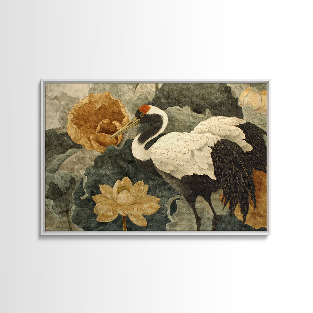 Crane and Lotus Composition Framed Canvas Print, Bird Art, Nature Prints, Living Room Decor, Fine Art, Flight, Boho Decor, BIR-3x2-45