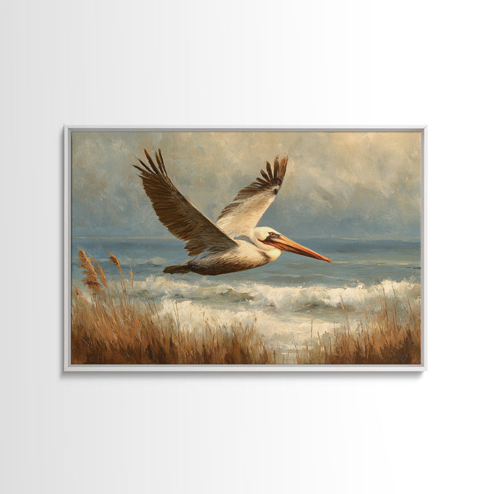 Pelican Flying over Coastal Waves Framed Canvas Print, Bird Art, Boho Wall Decor, Living Room Decor, Fine Art, Flight, BIR-3x2-46