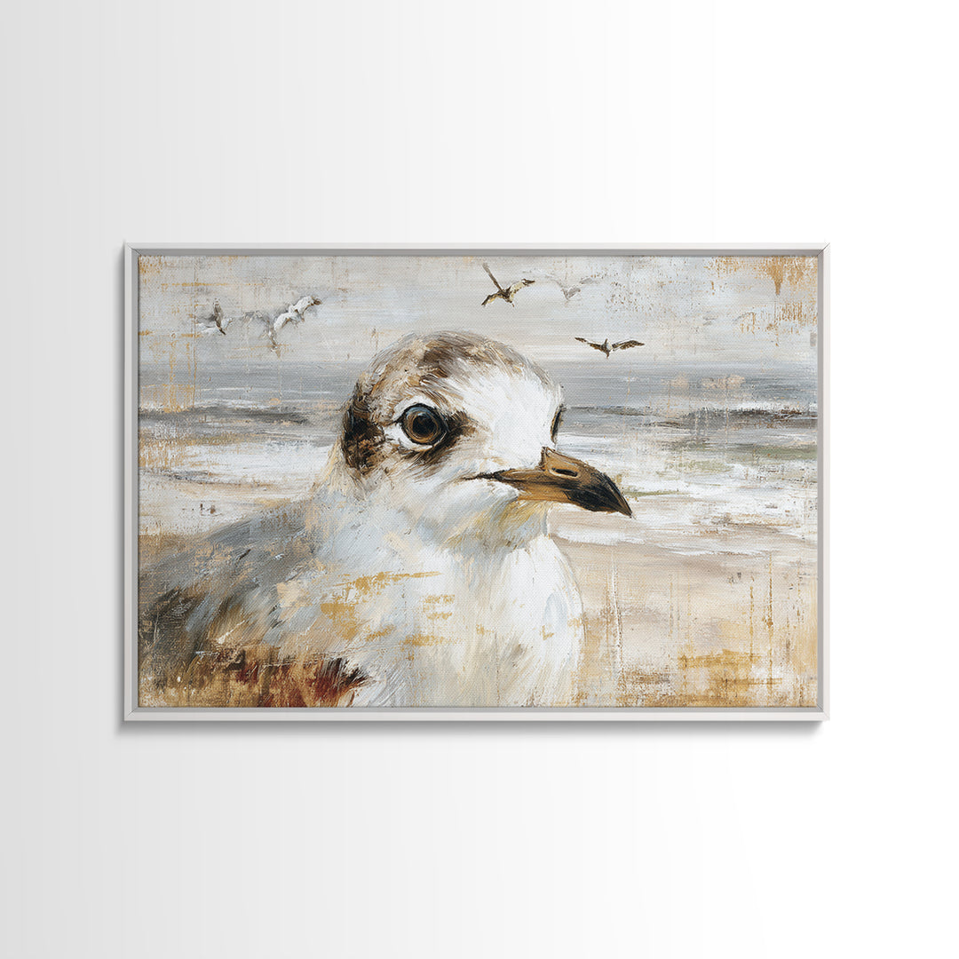 Seagulls Above a Pale Beach Horizon Canvas Print, Bird Art, Mid Century Wall Art, Living Room Decor, Fine Art, Flight, BIR-3x2-48