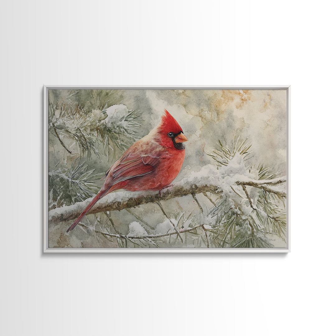 Red Cardinal on Snowy Pine Branch Framed Canvas Print, Bird Art, Mcm Decor, Living Room Decor, Oil Painting, Flight, BIR-3x2-5