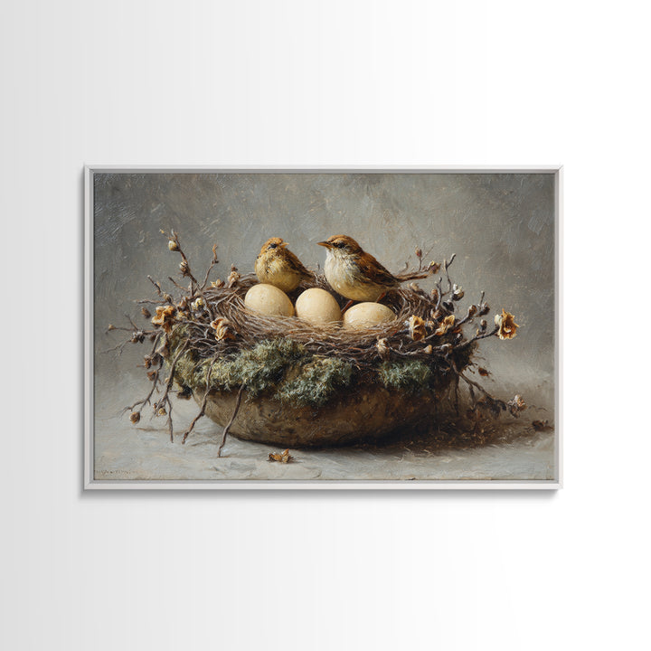 Bird Nest with Eggs and Delicate Twigs Framed Canvas Print, Bird Art, Living Room Decor, Oil Painting, Flight, BIR-3x2-50
