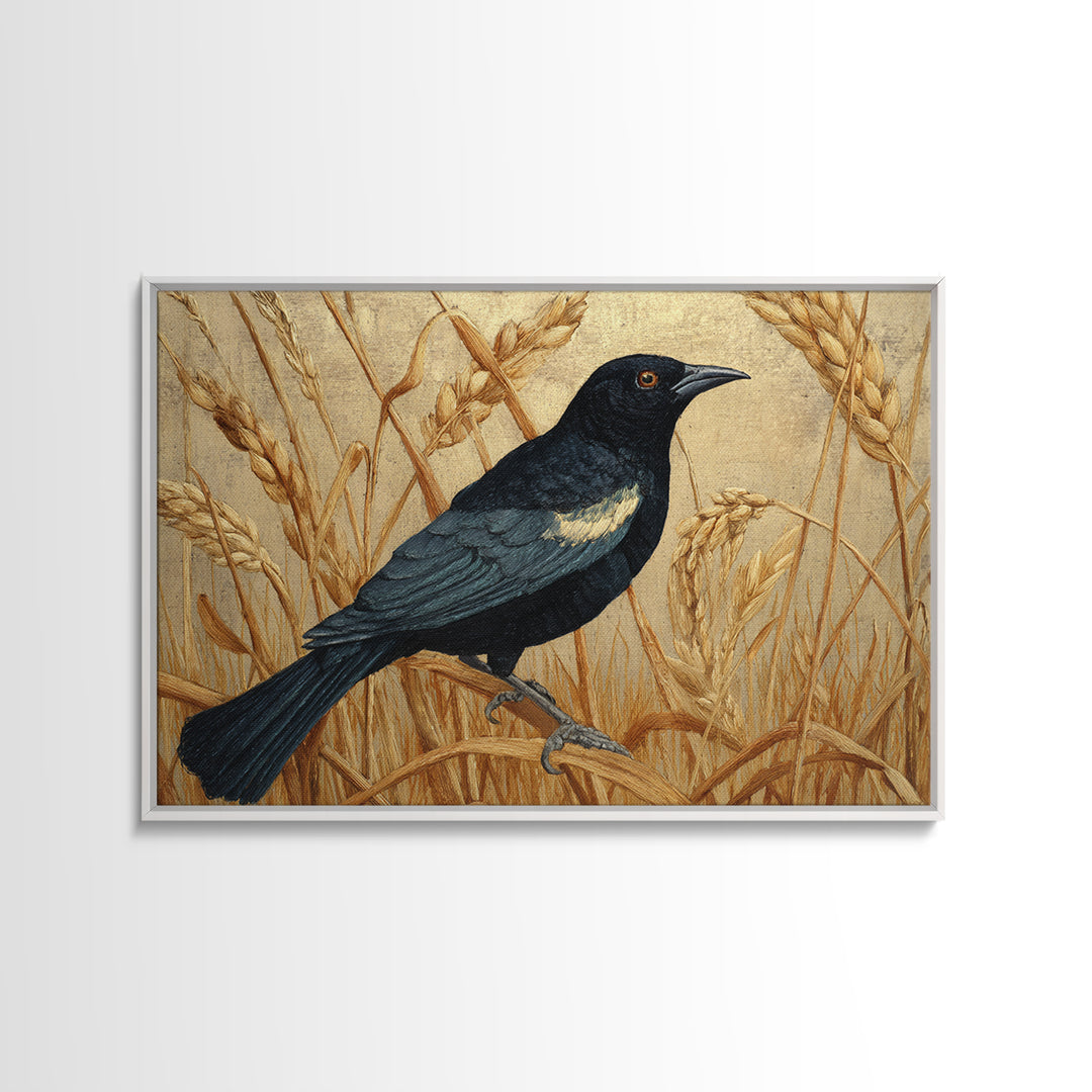 Blackbird on Gold Wheat Field Canvas Print, Bird Art, Modern Art, Living Room Decor, Abstract Art, Flight, Floral Art, BIR-3x2-52