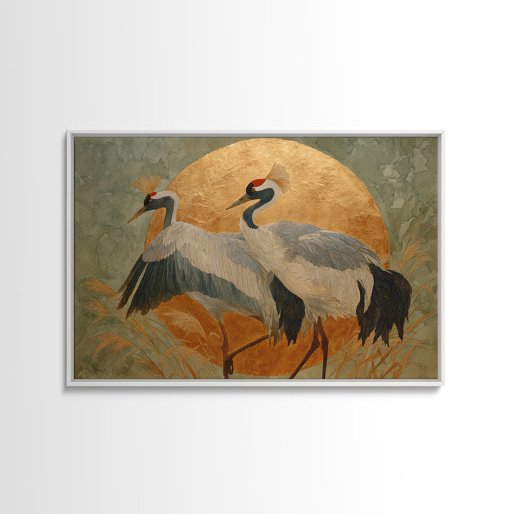 Pair of Cranes Dancing Framed Canvas Print, Bird Art, Digital Prints, Living Room Decor, Oil Painting, Flight, Modern Art, BIR-3x2-55