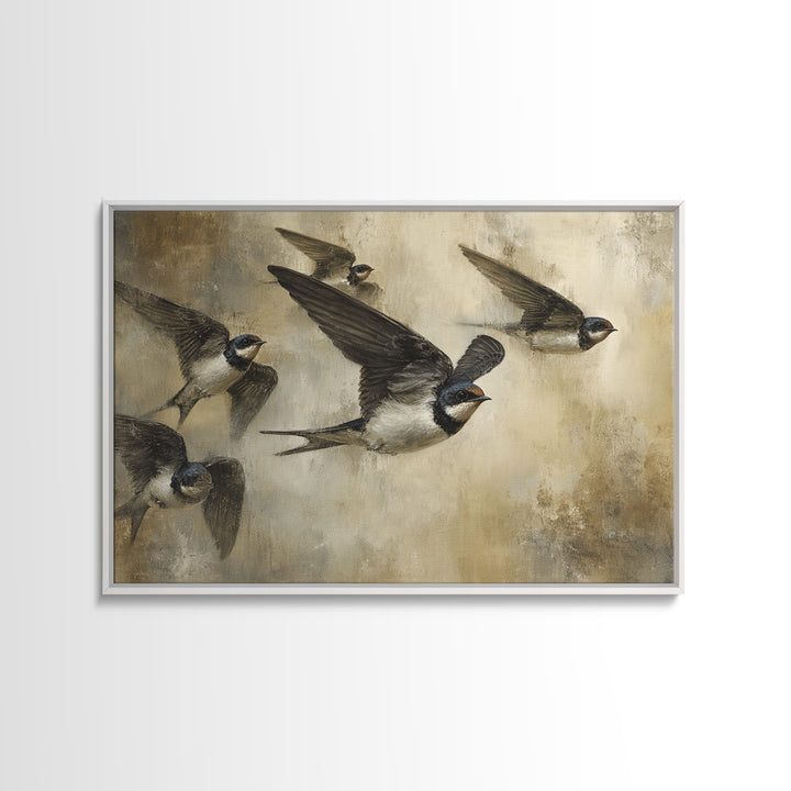 Flock of Swallows Sweeping Across Open Sky Canvas Print, Bird Art, Botanical Wall Art, Living Room Decor, Watercolor Art, BIR-3x2-58