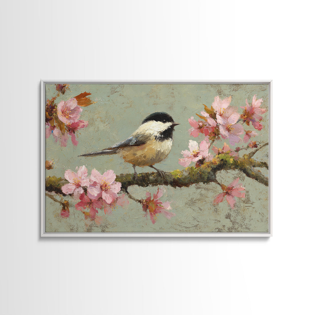 Songbird Perched on Cherry Blossoms Framed Canvas Print, Bird Art, Forest Wall Art, Living Room Decor, Fine Art, Flight, BIR-3x2-60