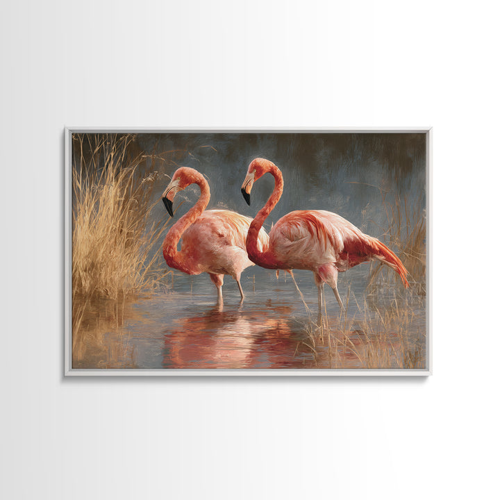 Flamingo Pair in Coral Water Reflections Canvas Print, Bird Art, Japanese Wall Art, Living Room Decor, Fine Art, Flight, BIR-3x2-62