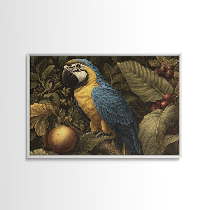 Parrot Among Tropical Leaves and Fruit Framed Canvas Print, Bird Art, Digital Download Art, Living Room Decor, Watercolor Art, BIR-3x2-65