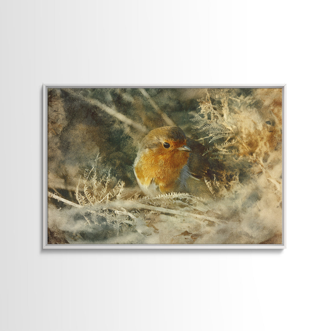 Robin in a Spring Garden with Soft Canvas Print, Bird Art, Textured Painting, Living Room Decor, Watercolor Art, Flight, BIR-3x2-67