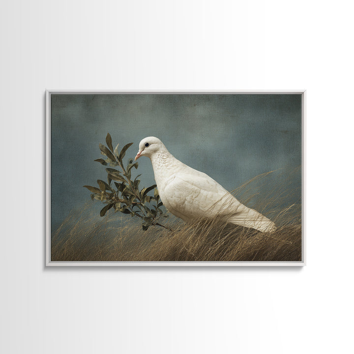 White Dove with Olive Branch and Calm Canvas Print, Bird Art, Neutral Decor, Living Room Decor, Oil Painting, Flight, BIR-3x2-68